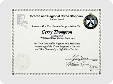 Toronto and Regional Crime Stoppers Certificate of Appreciation 1996